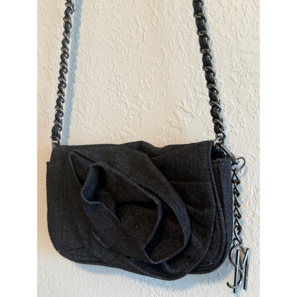 Steve Madden Black Denim Rosette Crossbody Bag Floral Chain Strap Purse